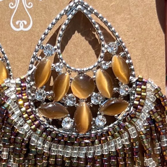 Beaded Earrings Artisan Handmade Jewel Dangle Drop Tassel Long Fringe Sparkle - Picture 4 of 7